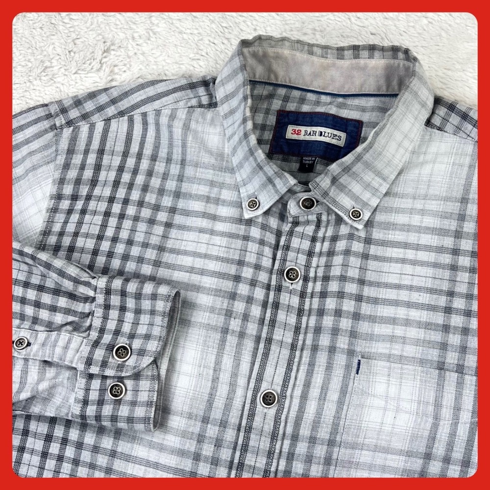 32 Bar Blues Button Down‎ Shirt Men LARGE Gray Plaid Cotton Long Sleeve Turkey